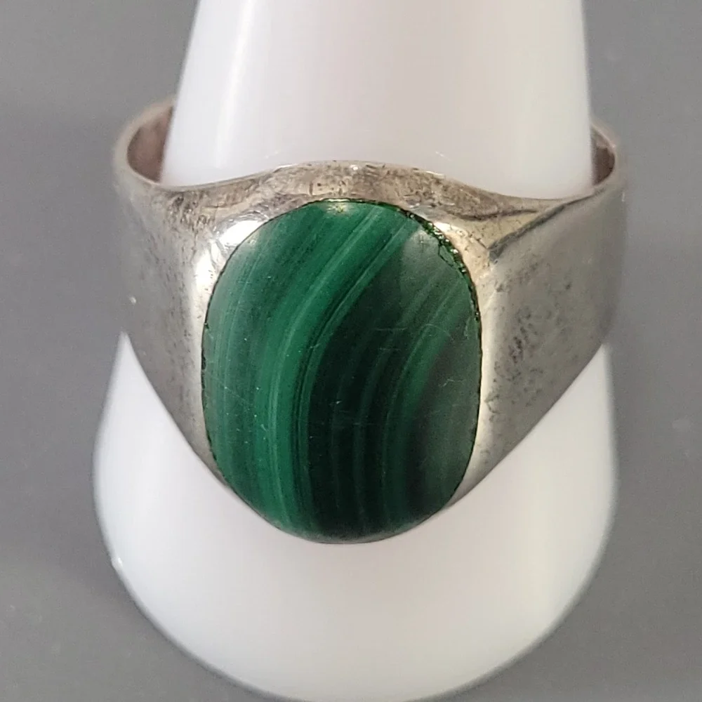 Taxco Mexico 950 Silver Ring Malachite Signet Mens Size 12 TC-45 Green Stone